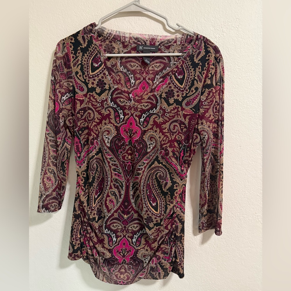 Karen Scott Pink Paisley V-Neck Long Sleeve Top